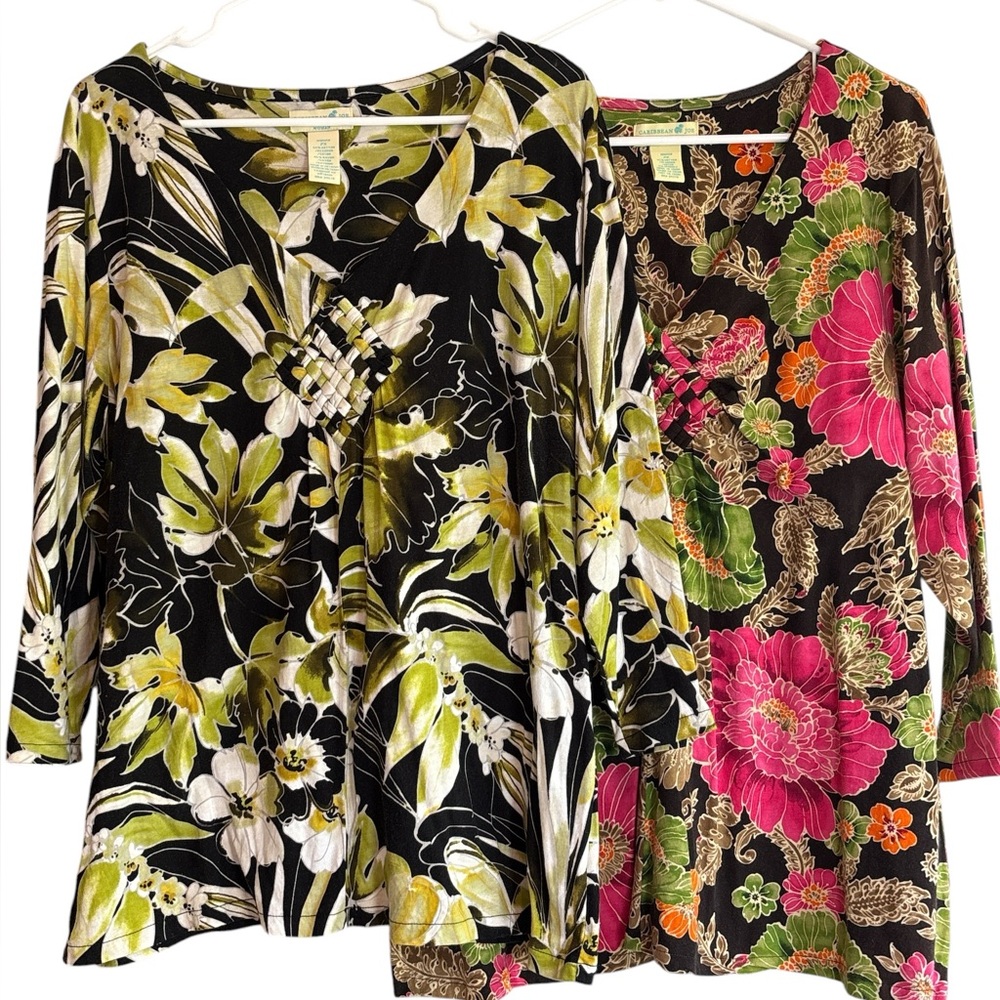 TWO! Caribbean Joe 2X Tropical Floral Tops V-Neck Lattice Detail